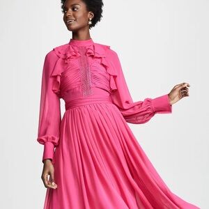 Self-Portrait fuchsia pink chiffon long sleeve midi dress - size 0 (XS) NWT